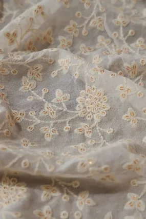 1 Meter Cut Piece Of White Thread With Gold Sequins Floral Embroidery On White Georgette Fabric