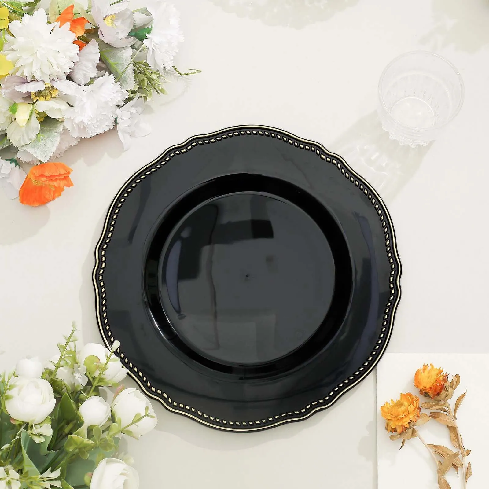 10 Pack 10" Black Gold Scalloped Rim Disposable Dinner Plates, Large Plastic Party Plates