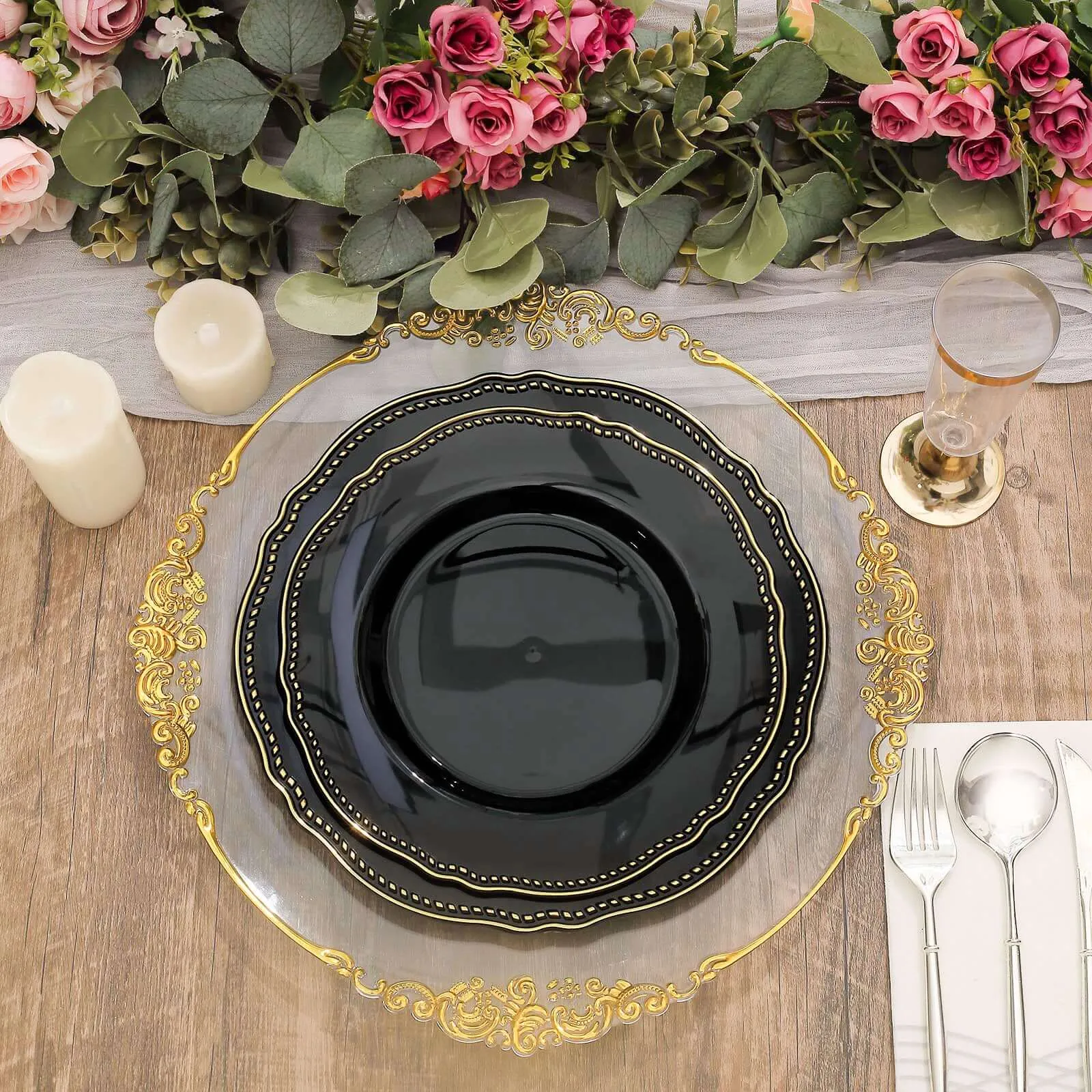 10 Pack 10" Black Gold Scalloped Rim Disposable Dinner Plates, Large Plastic Party Plates