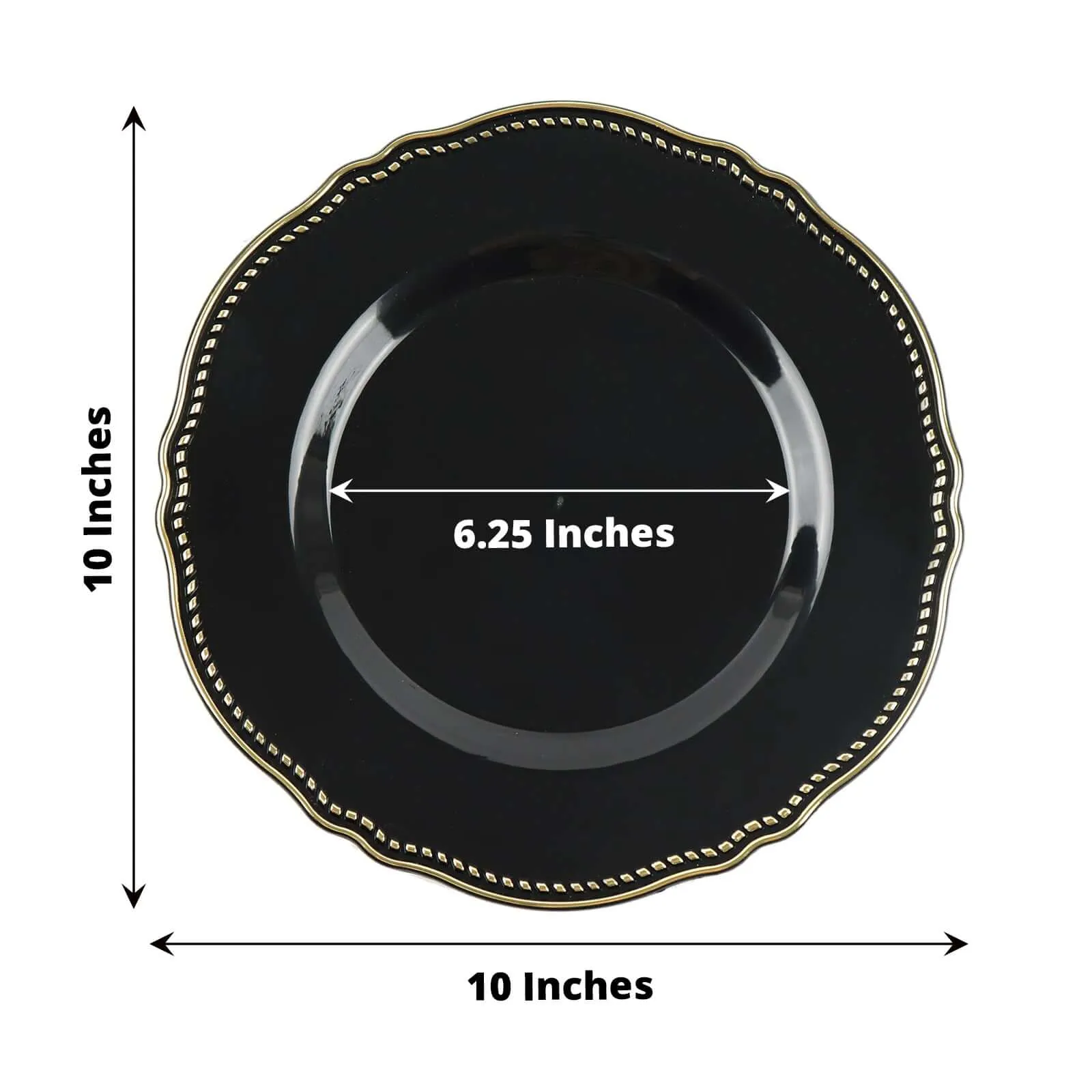 10 Pack 10" Black Gold Scalloped Rim Disposable Dinner Plates, Large Plastic Party Plates