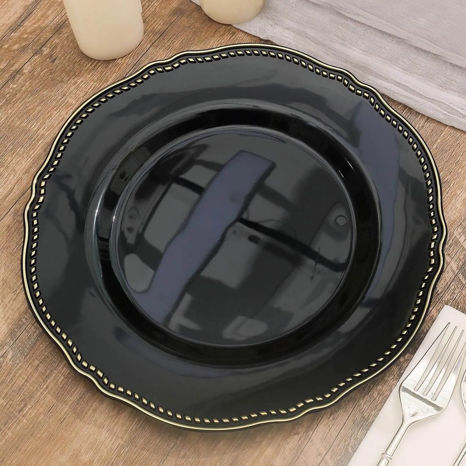 10 Pack 10" Black Gold Scalloped Rim Disposable Dinner Plates, Large Plastic Party Plates