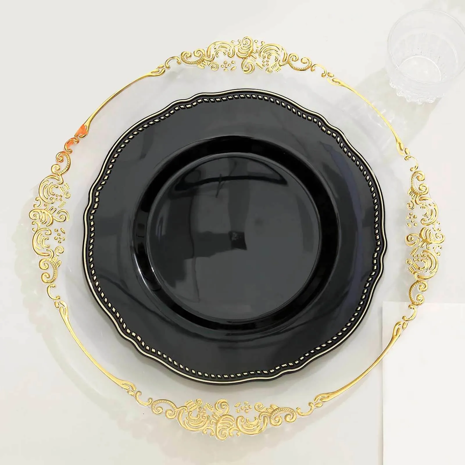 10 Pack 10" Black Gold Scalloped Rim Disposable Dinner Plates, Large Plastic Party Plates