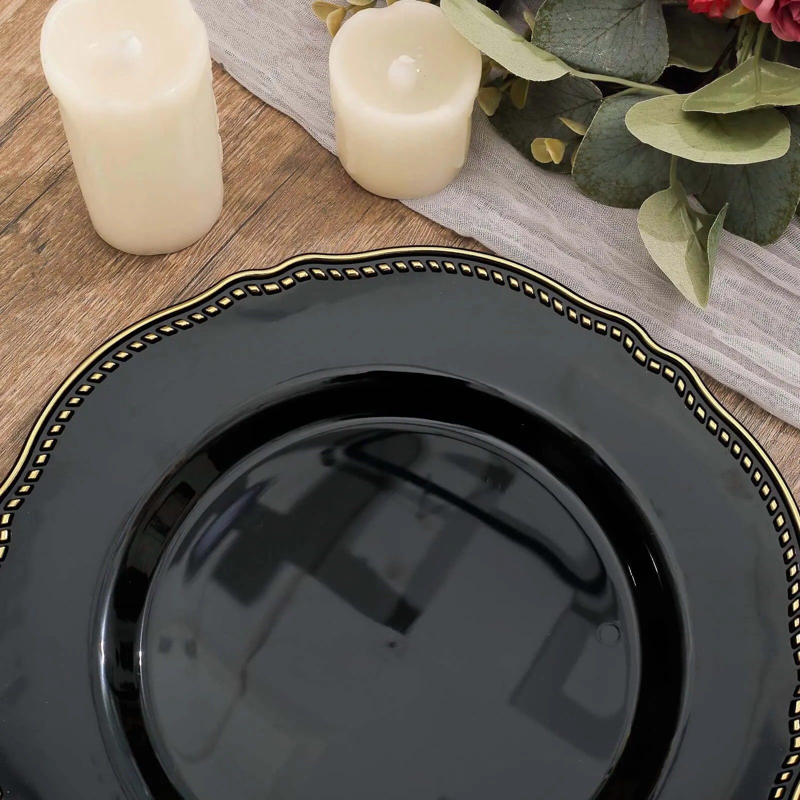 10 Pack 10" Black Gold Scalloped Rim Disposable Dinner Plates, Large Plastic Party Plates