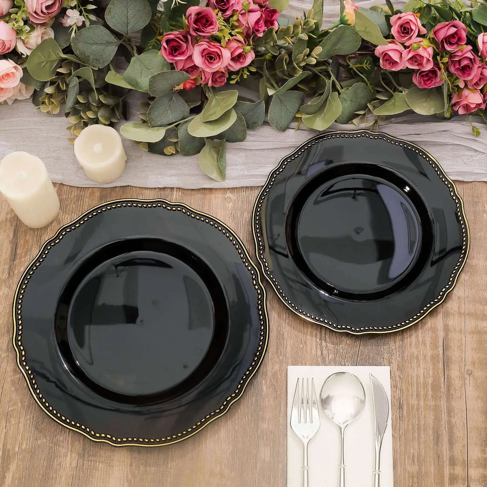 10 Pack 10" Black Gold Scalloped Rim Disposable Dinner Plates, Large Plastic Party Plates