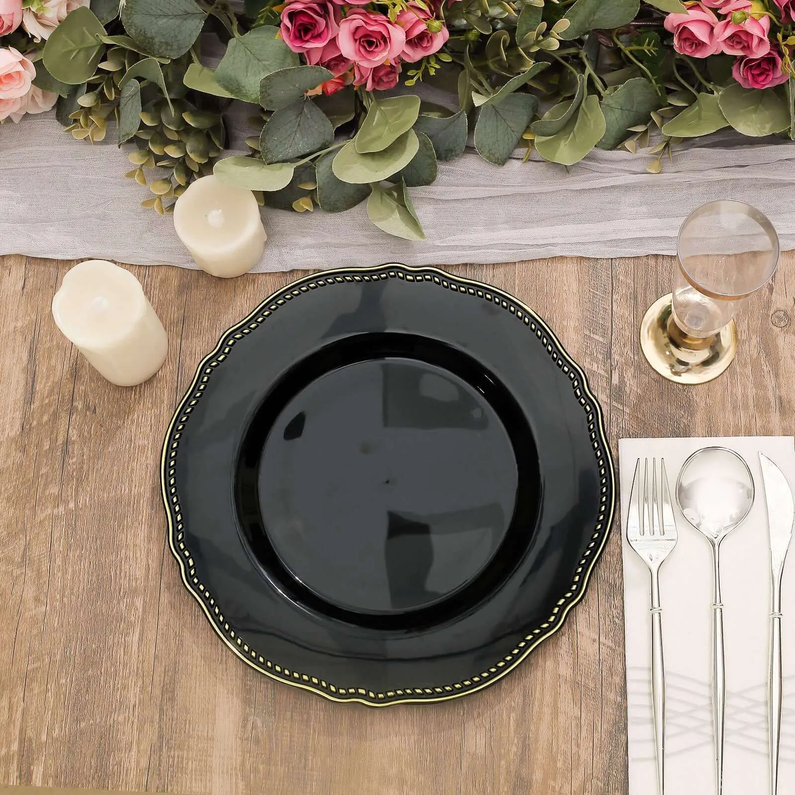 10 Pack 10" Black Gold Scalloped Rim Disposable Dinner Plates, Large Plastic Party Plates