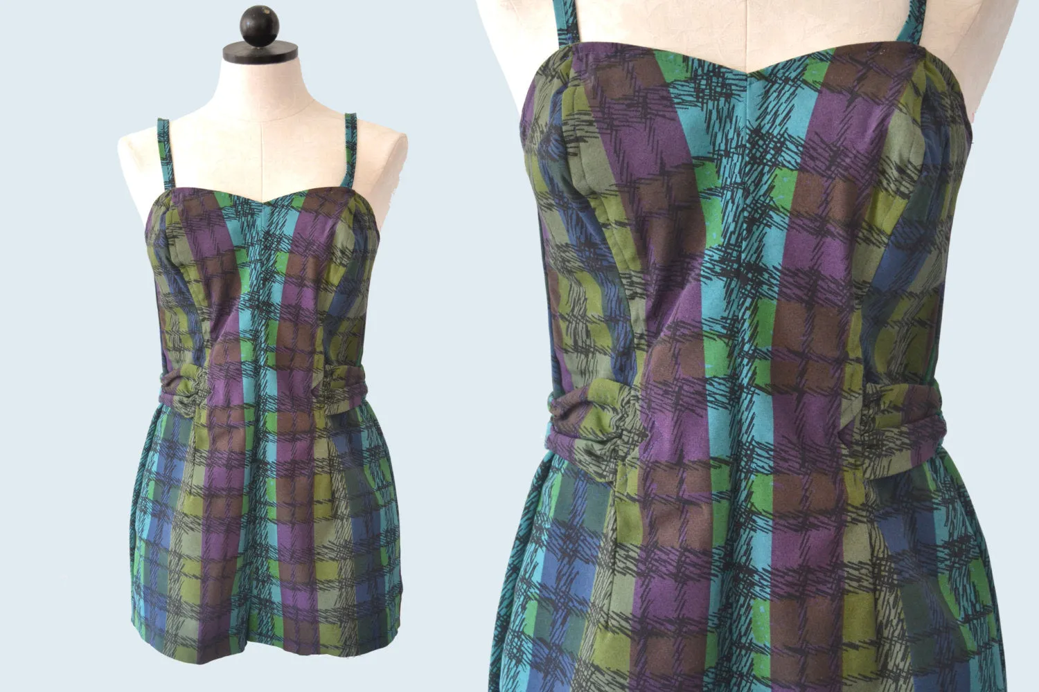 1950s Plaid Romper Cotton Swimsuit size M