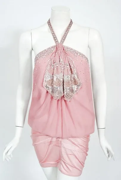 2003 Christian Dior by Galliano Beaded Pale Pink Silk Flapper Mini Dress