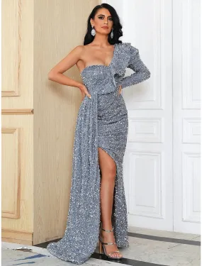 A-Line Evening Gown Elegant Dress Formal Sweep / Brush Train Long Sleeve One Shoulder Sequined with Glitter Ruched Slit