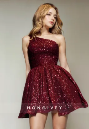 A-Line One Shoulder Sleeveless Sequined Short Party Homecoming Dress