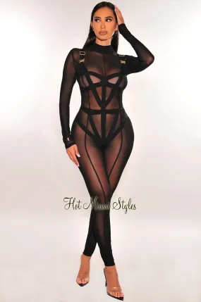 Black Mesh Strappy Bodysuit Long Sleeve Jumpsuit Two Piece Set