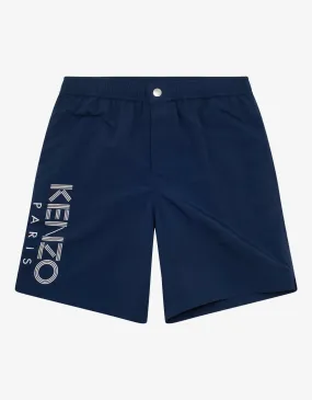 Blue Logo Print Long Swim Shorts