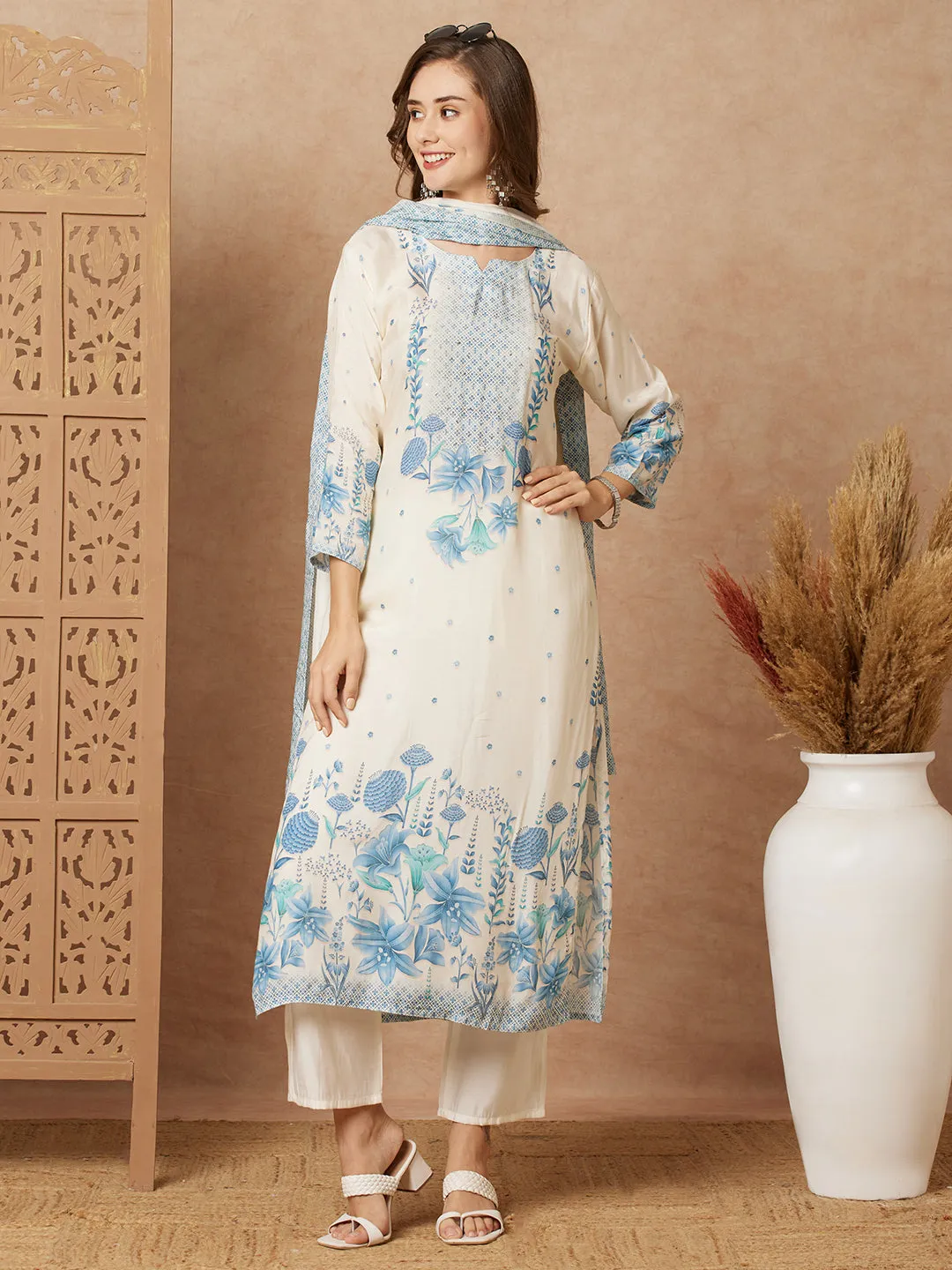 Botanical Floral Printed & Sequined Straight Kurta with Pant & Dupatta - Off White