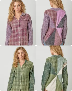 Color Blocked Washed Button Down Shirt - Dusty Lavender or Washed Green