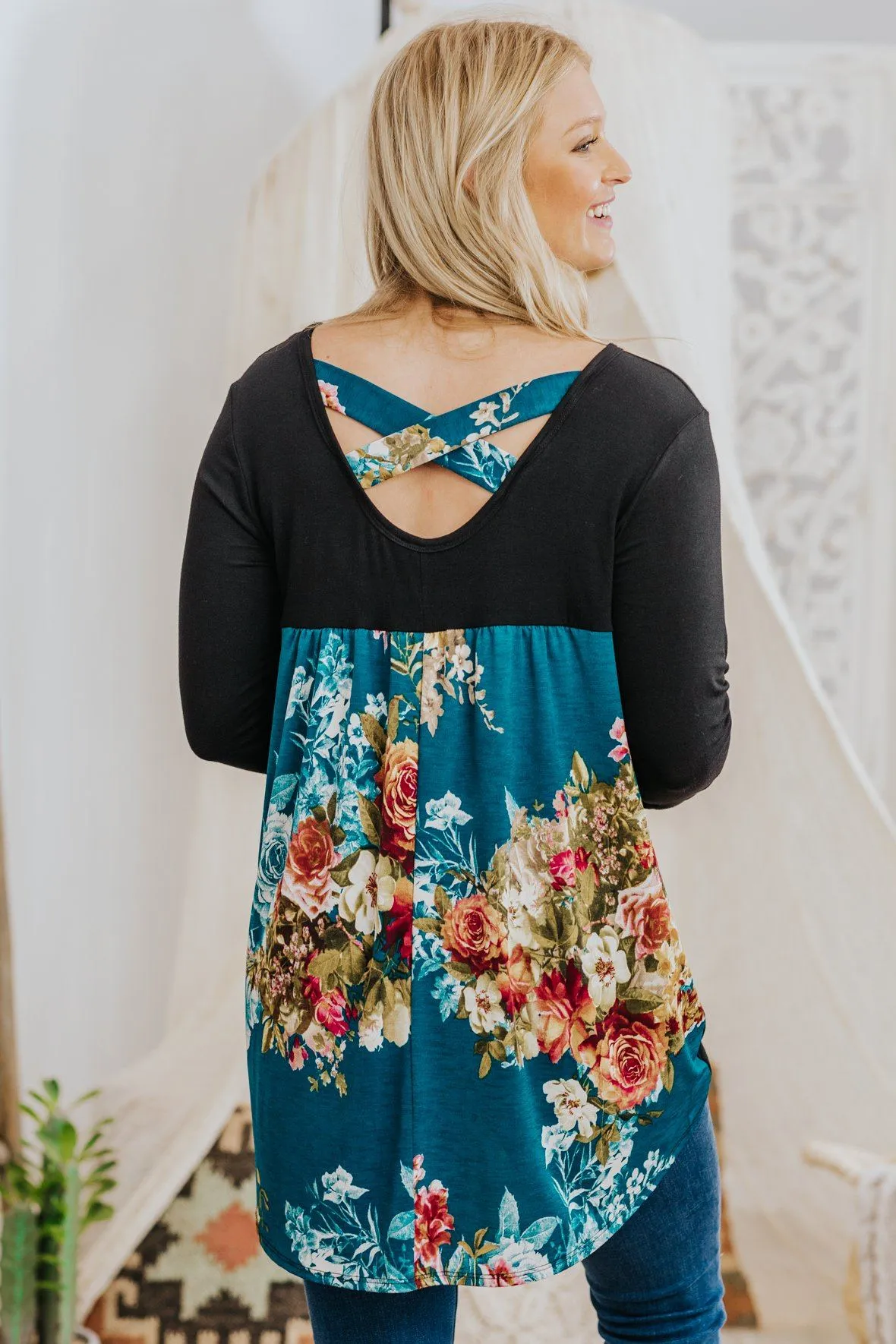 Dare To Be Floral Back Bodice Criss Cross High Low Long Sleeve Top in Teal