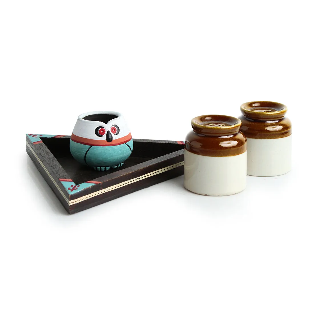 'Desert Owl-Jar Pack' Handglazed Salt & Pepper Shaker Set With Toothpick Holder & Tray