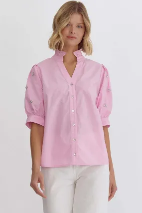 Emily Half Sleeve Embellished Button Up Top