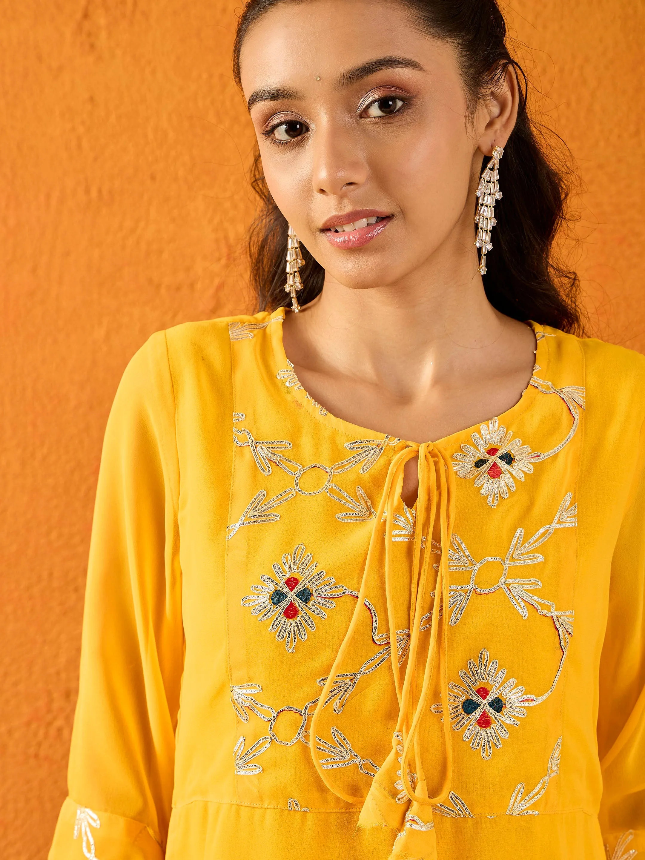 Girls Yellow Gota Embroidered Top With Palazzos