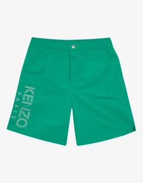 Green Logo Print Long Swim Shorts