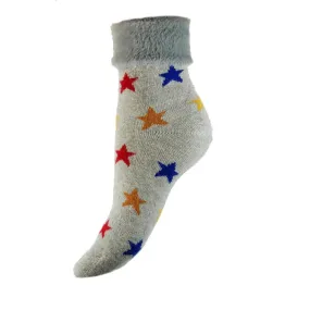 Grey cuff socks with multi coloured stars and faux fur cuff