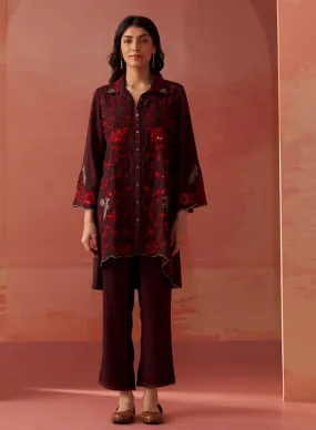 Iqra Burgundy Embroidered Cotton Co-ord Set for Women