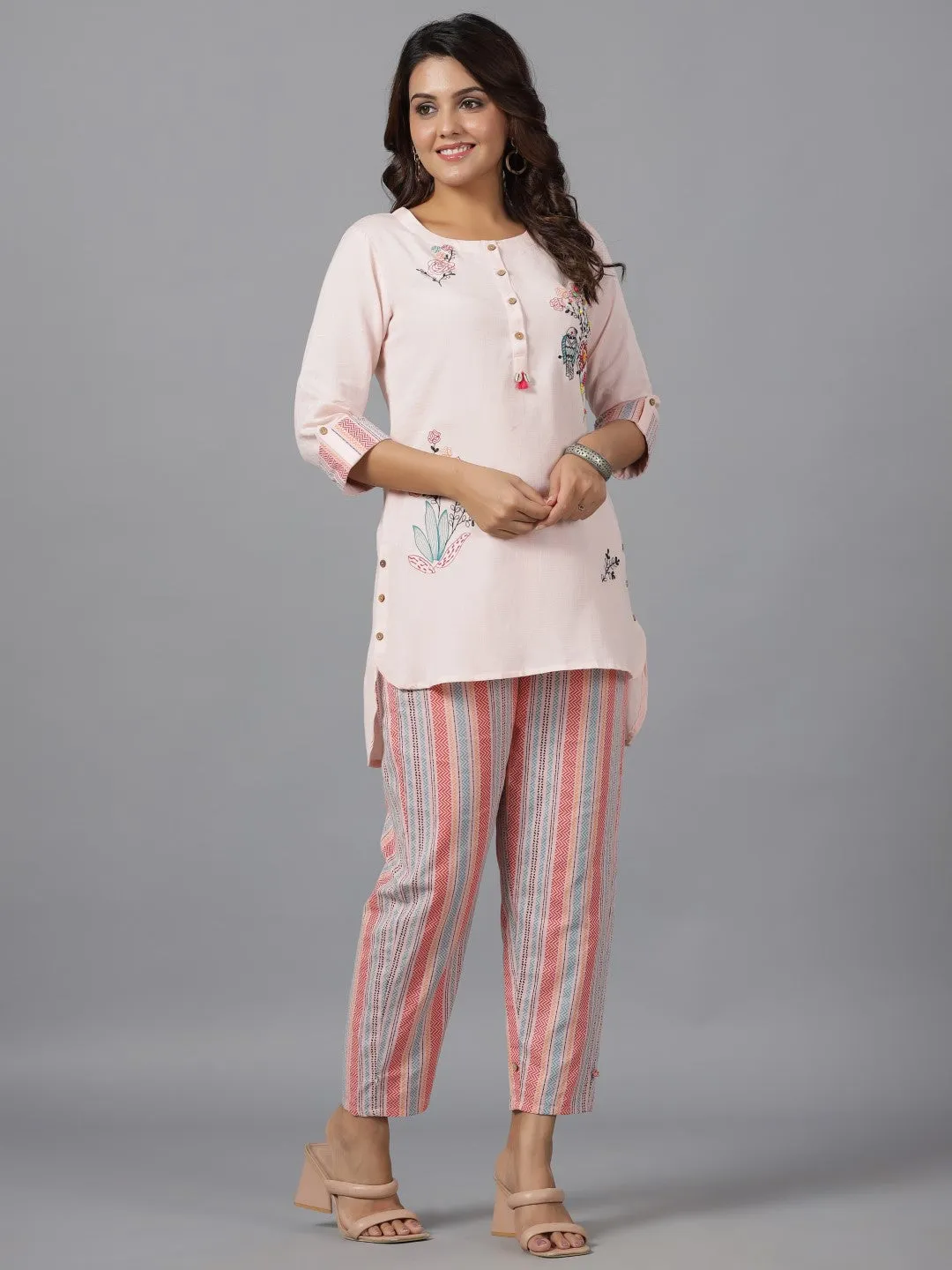 Juniper The Dhara Pink Rayon Top 7 Pants Co-Ord Set With Multi Color Embroidery Contrast Beads & Tassels