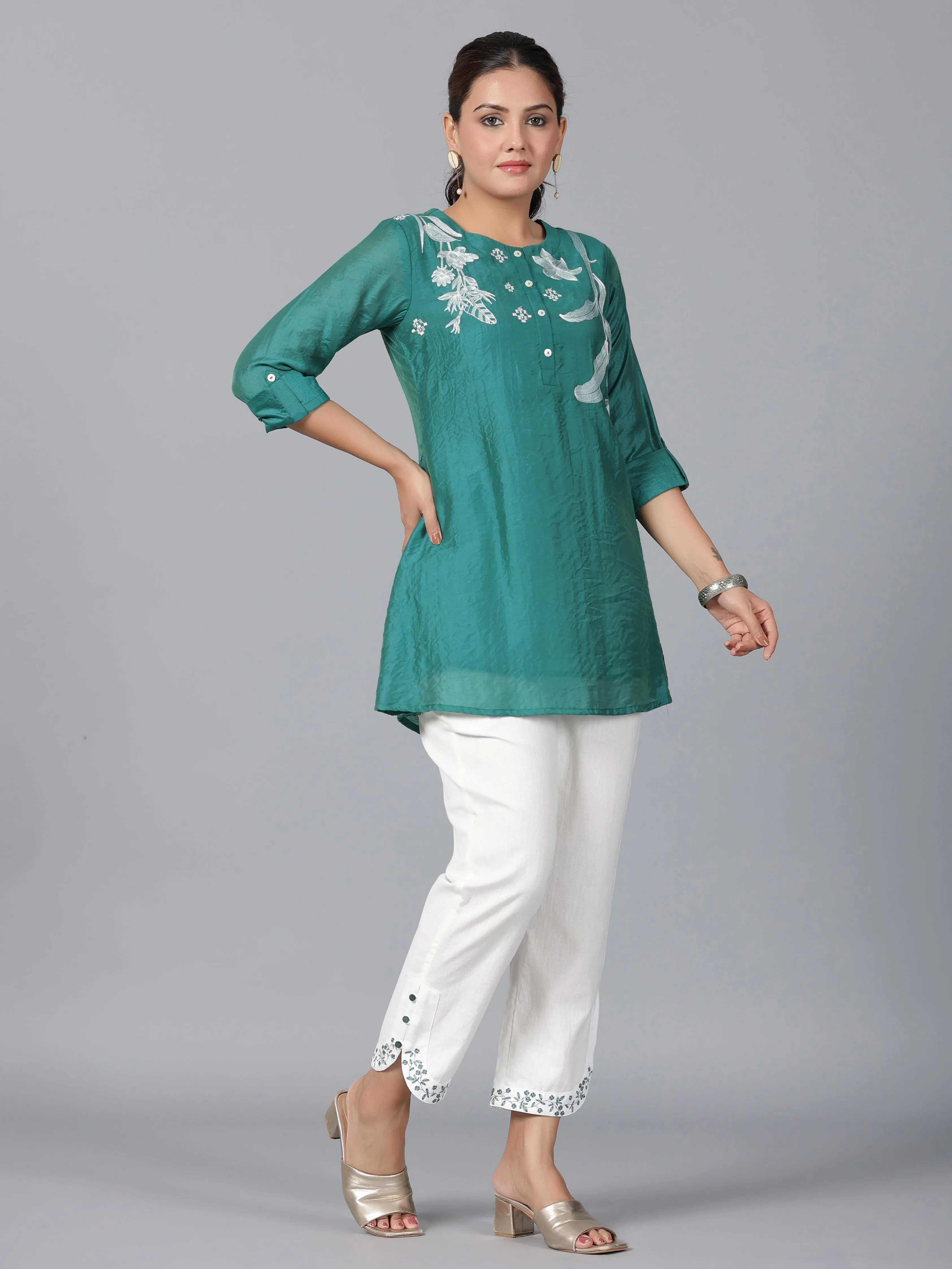 Juniper Women Green Chanderi Embroidered Co-ord  Set