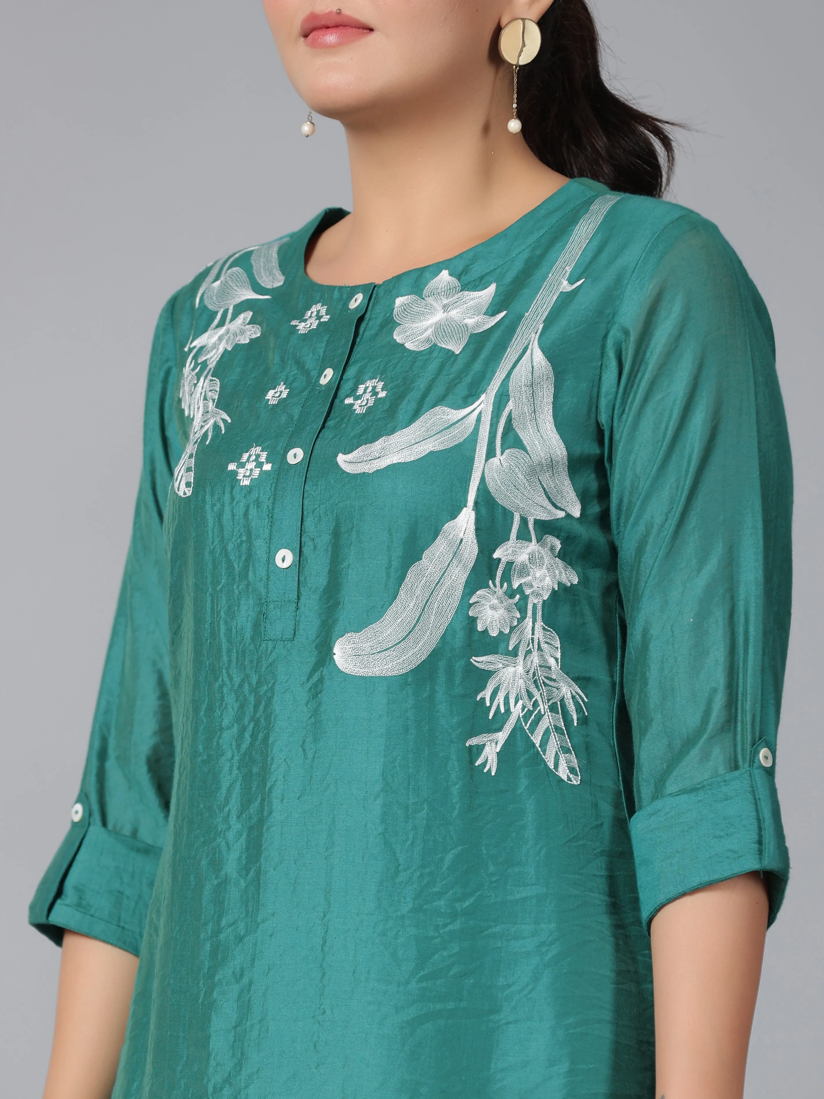 Juniper Women Green Chanderi Embroidered Co-ord  Set