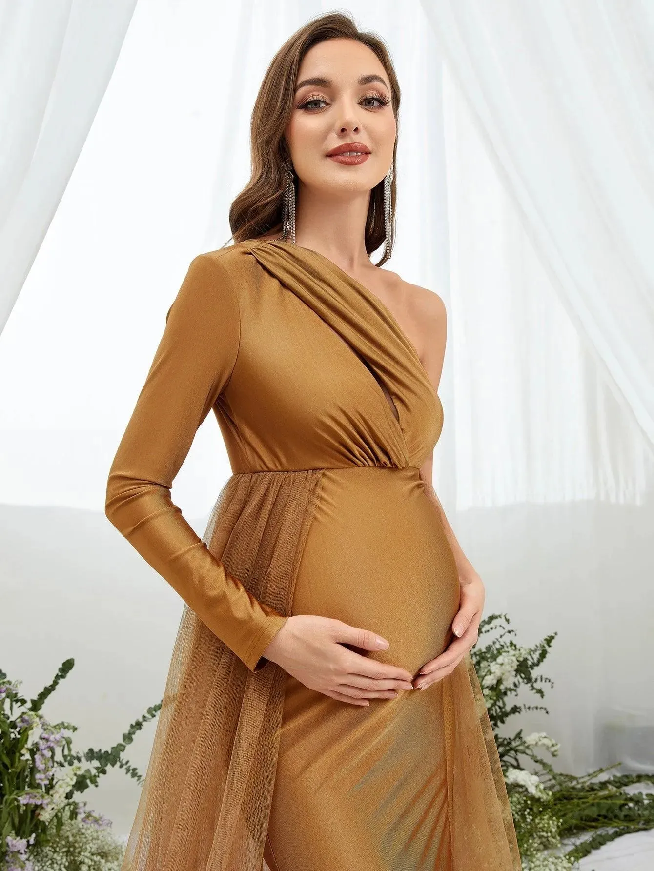 Maternity One Shoulder Cut Out Front Formal Dress