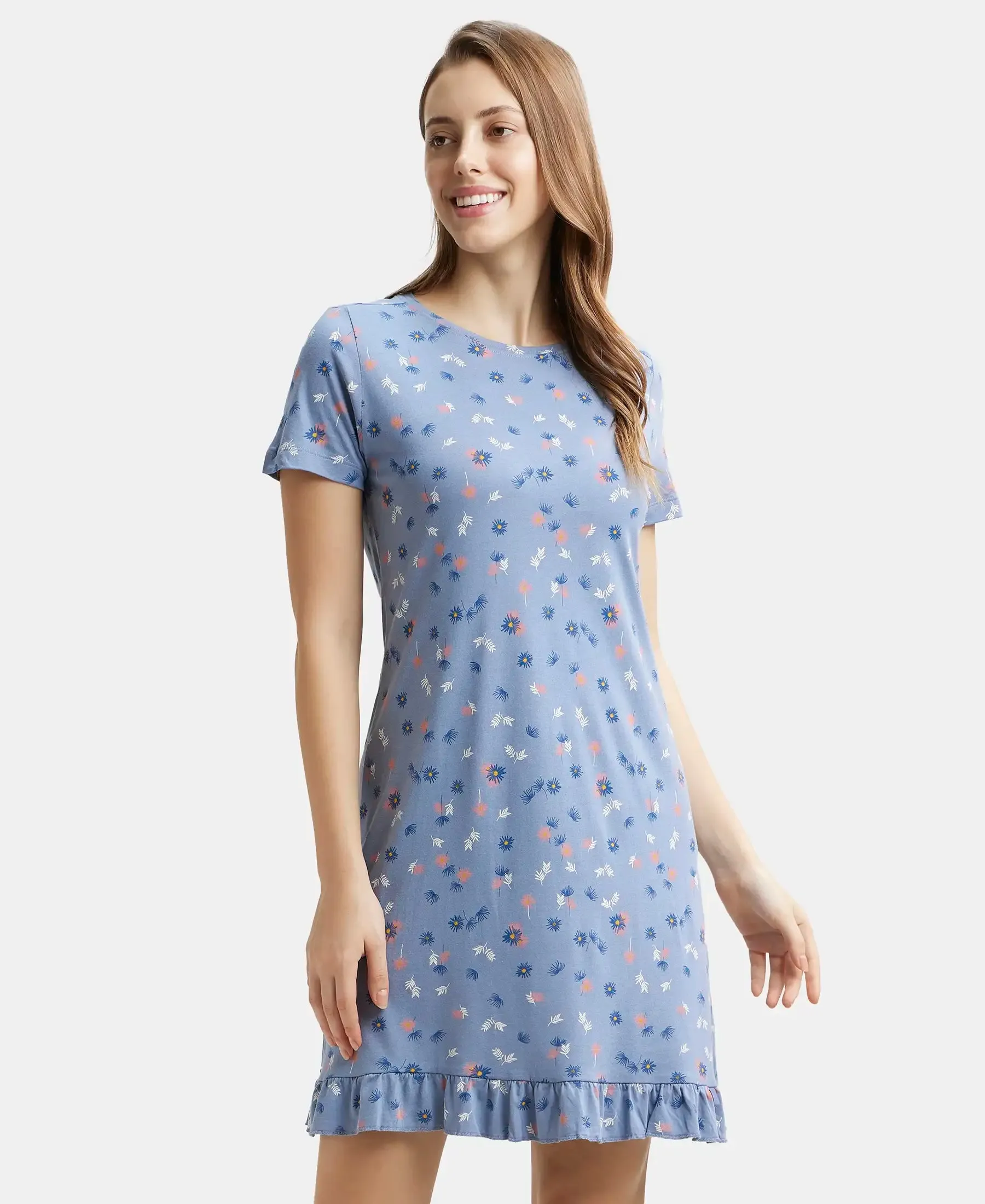 Micro Modal Cotton Ruffled Hem Styled Half Sleeve Printed Sleep Dress - Infinity Blue Assorted Prints