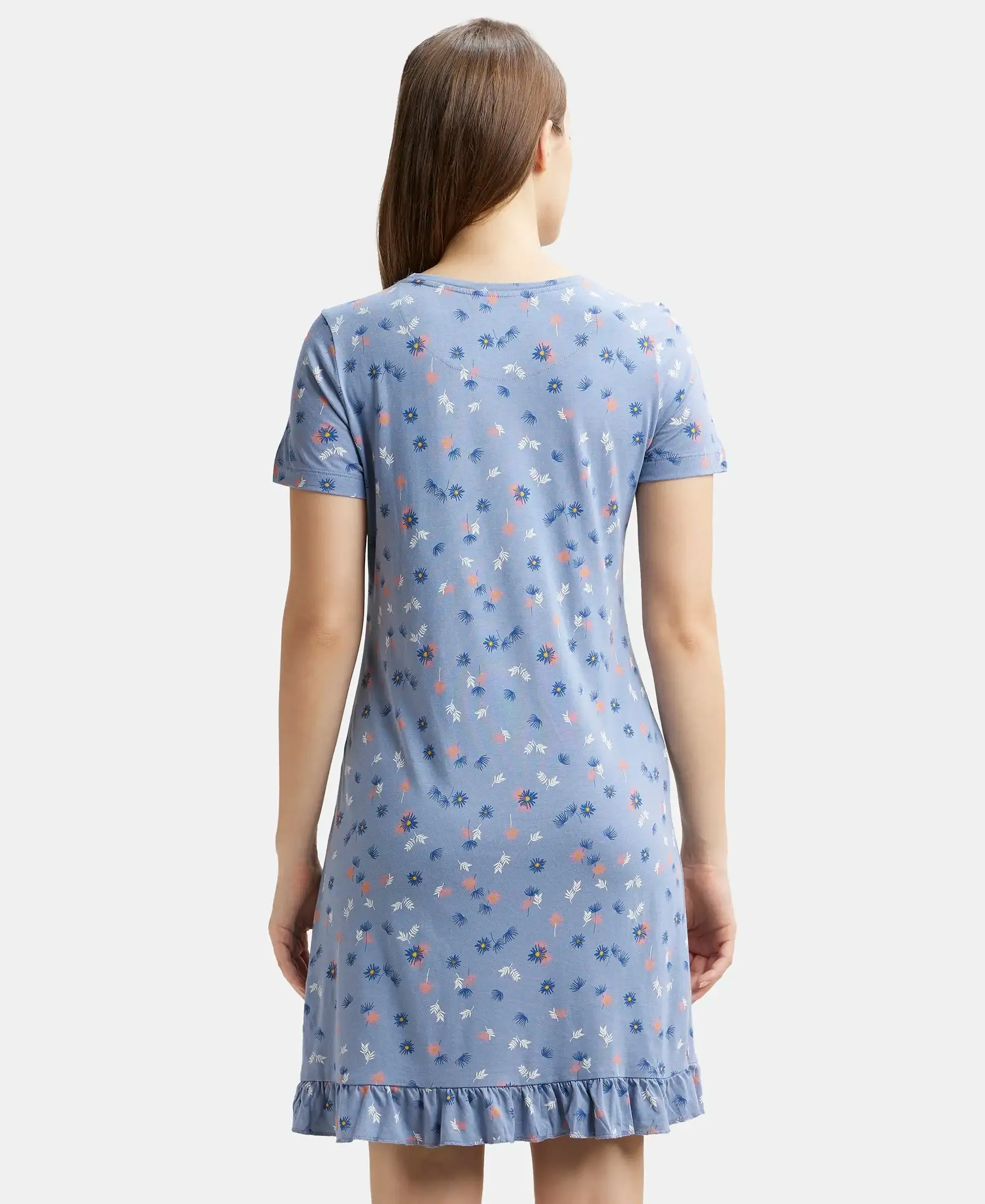 Micro Modal Cotton Ruffled Hem Styled Half Sleeve Printed Sleep Dress - Infinity Blue Assorted Prints