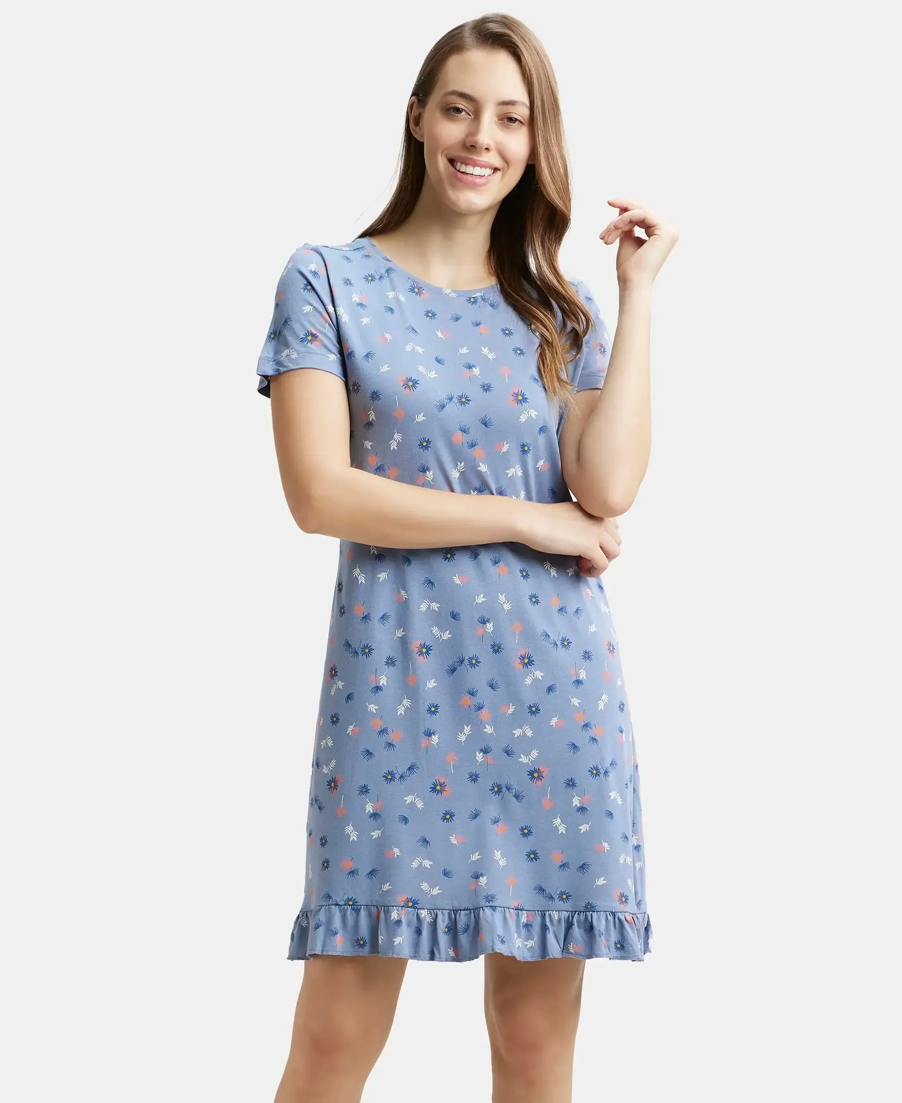 Micro Modal Cotton Ruffled Hem Styled Half Sleeve Printed Sleep Dress - Infinity Blue Assorted Prints