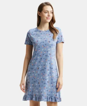 Micro Modal Cotton Ruffled Hem Styled Half Sleeve Printed Sleep Dress - Infinity Blue Assorted Prints