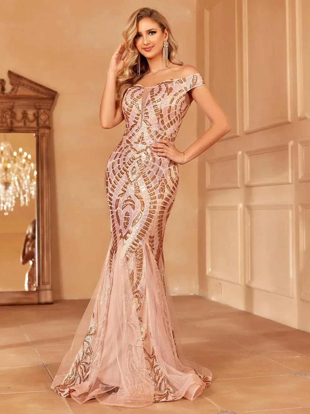 Off Shoulder Sequin Mermaid Dress