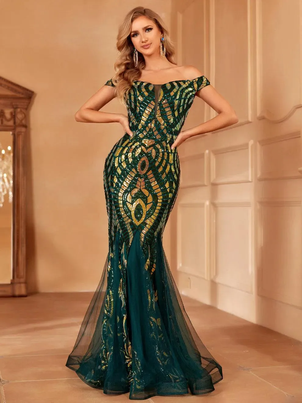 Off Shoulder Sequin Mermaid Dress