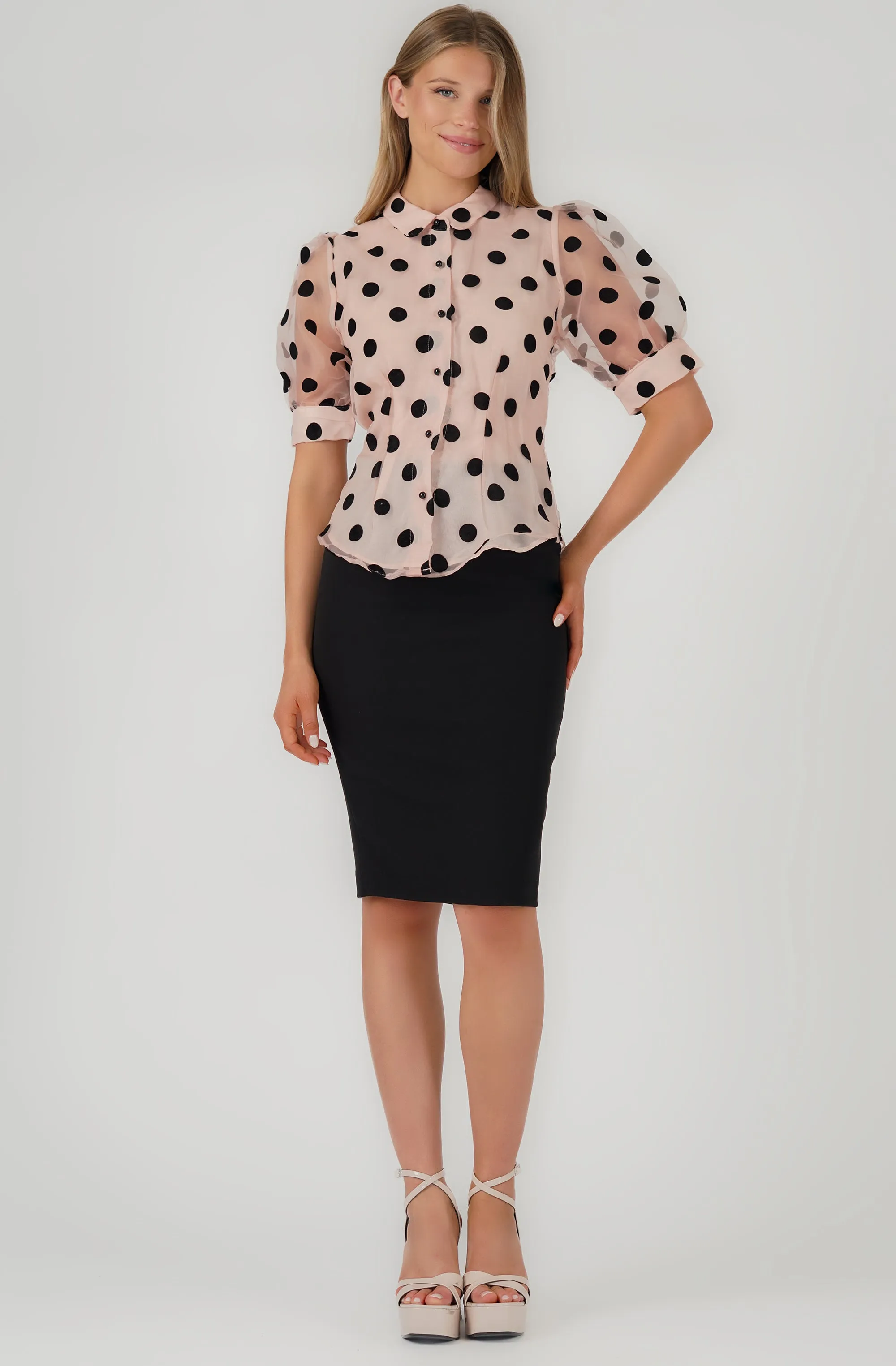 Organza Button-Up Blouse with Velvet Dots