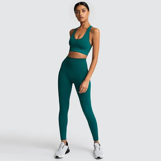 Seamless Gym Set Nylon Woman Sportswear 2 Piece Exercise Leggings Padded Sports Bras Women Fitness Wear Yoga Sets Sports Suits L