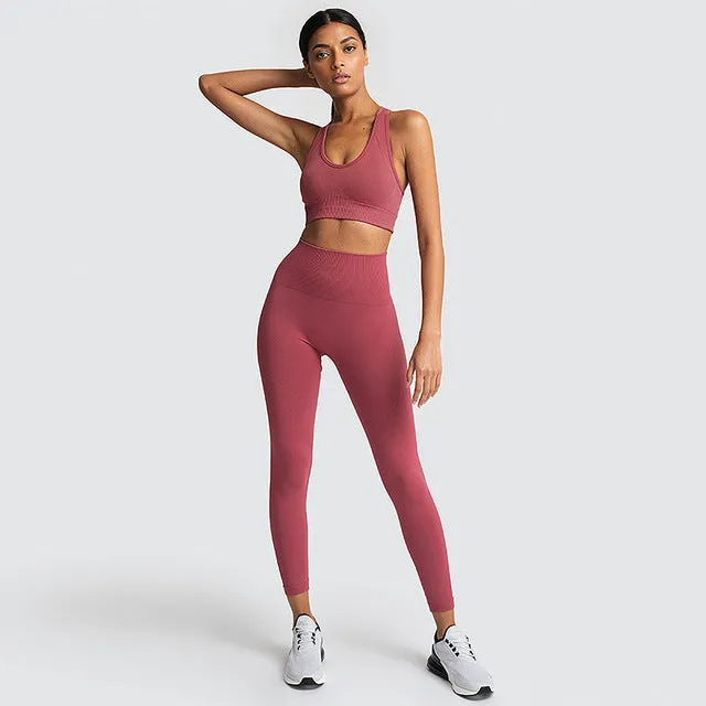 Seamless Gym Set Nylon Woman Sportswear 2 Piece Exercise Leggings Padded Sports Bras Women Fitness Wear Yoga Sets Sports Suits L