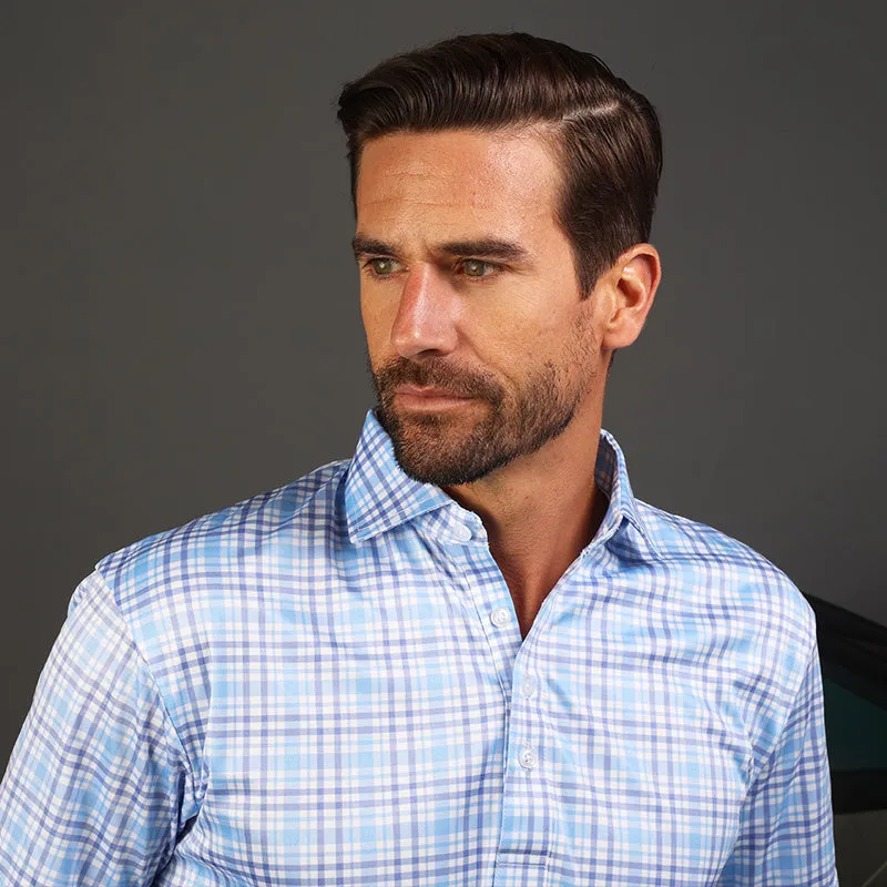 Semi-Spread Collar Polo Sea Island Blue and Purple Plaid