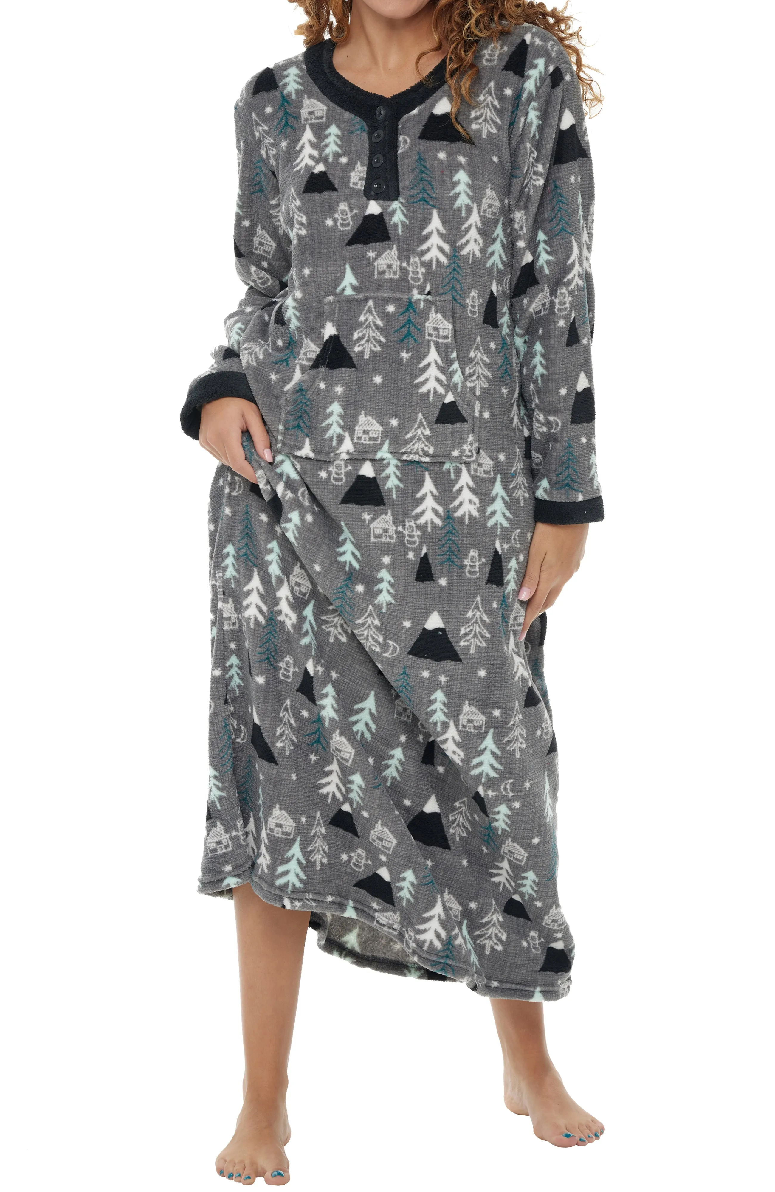 Women's Warm Fleece Long Nightgown, Long Kaftan with Pockets for Winter