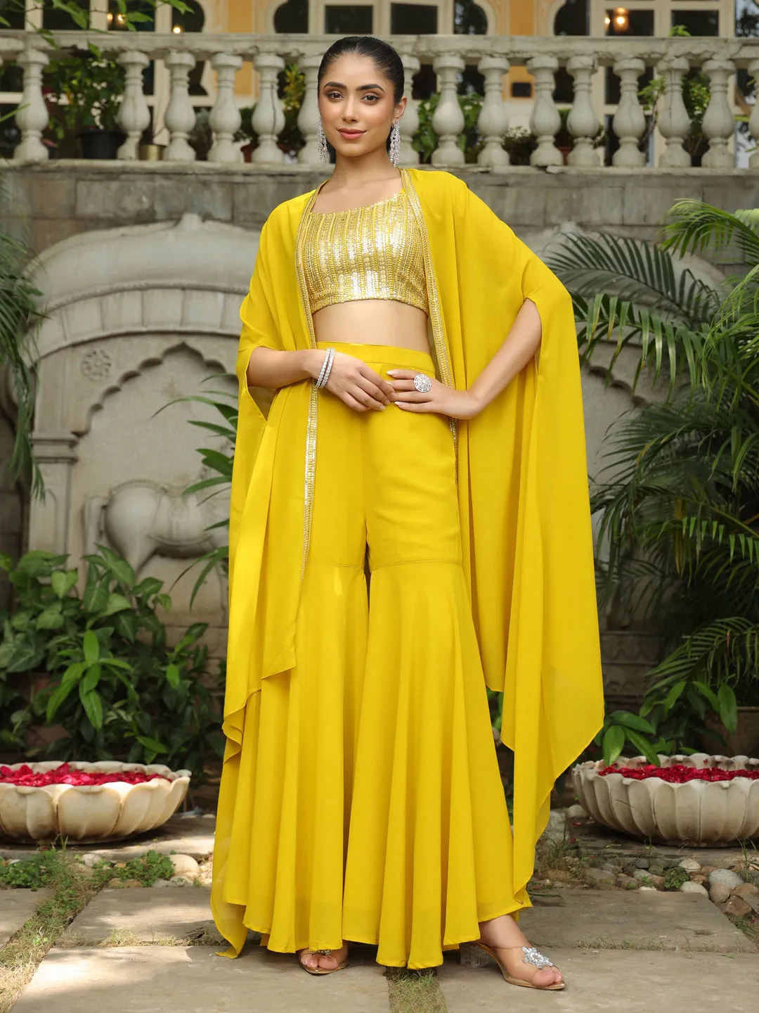 Yellow Georgette Sequined Crop Top With Sharara & Cape Set