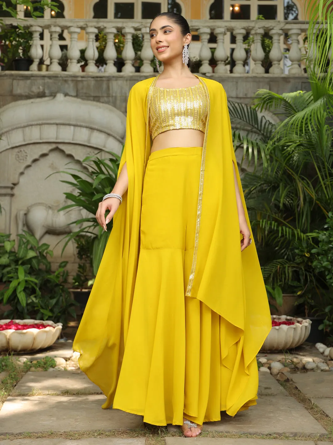 Yellow Georgette Sequined Crop Top With Sharara & Cape Set