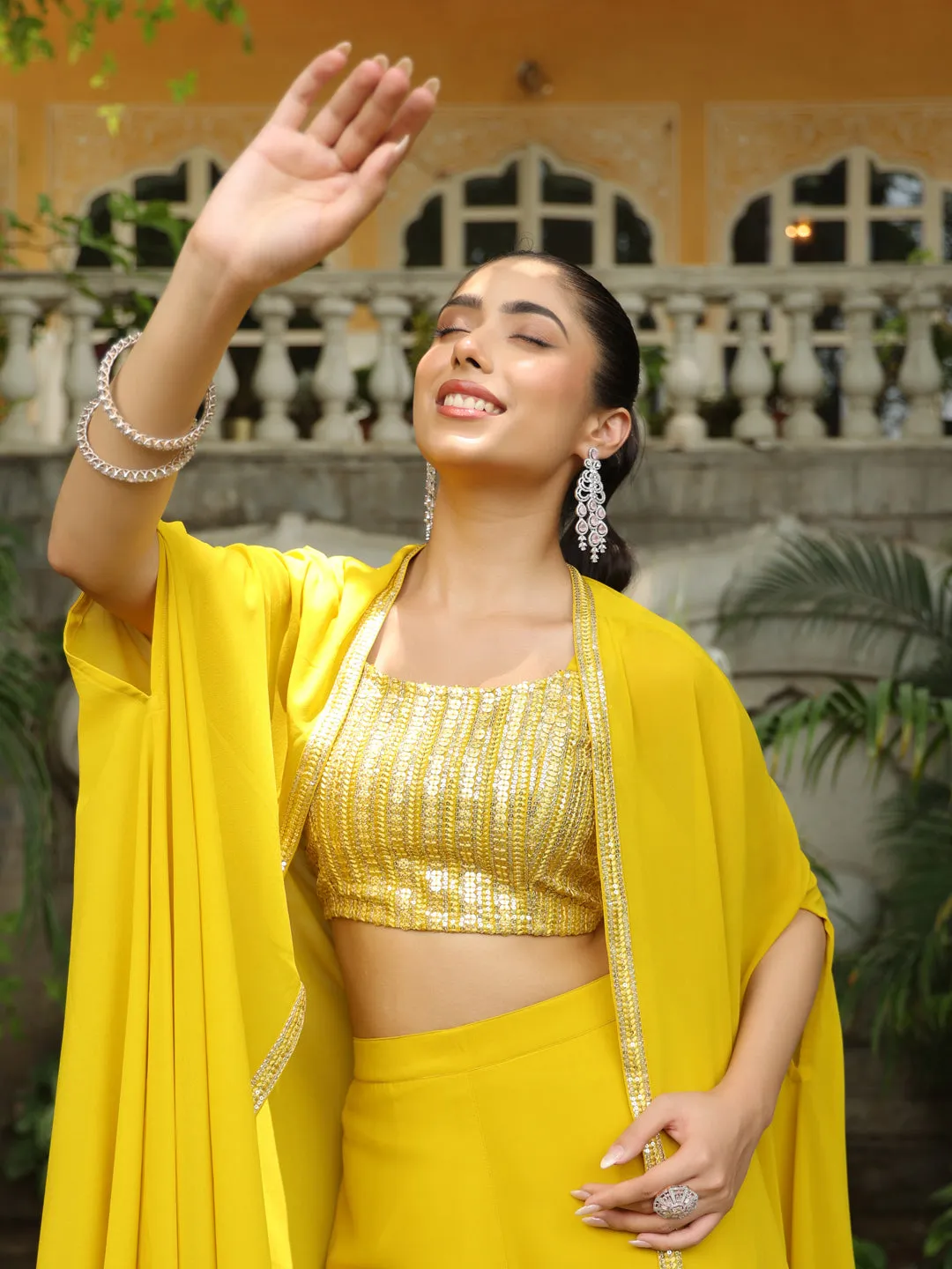 Yellow Georgette Sequined Crop Top With Sharara & Cape Set