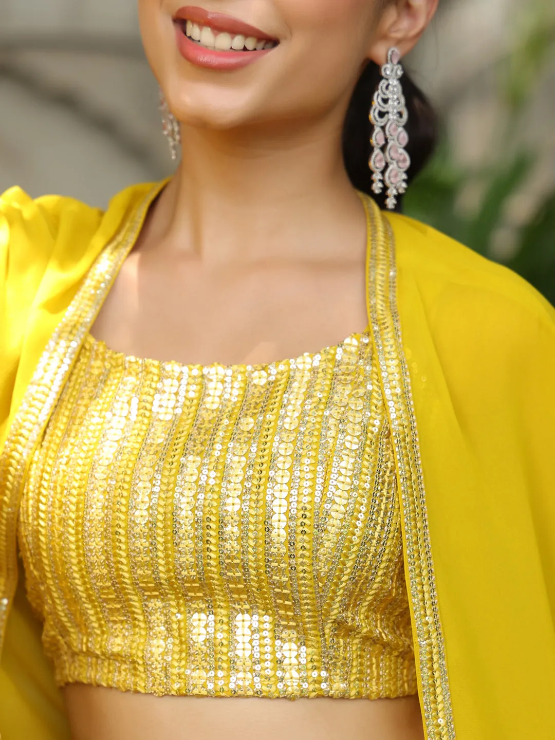 Yellow Georgette Sequined Crop Top With Sharara & Cape Set