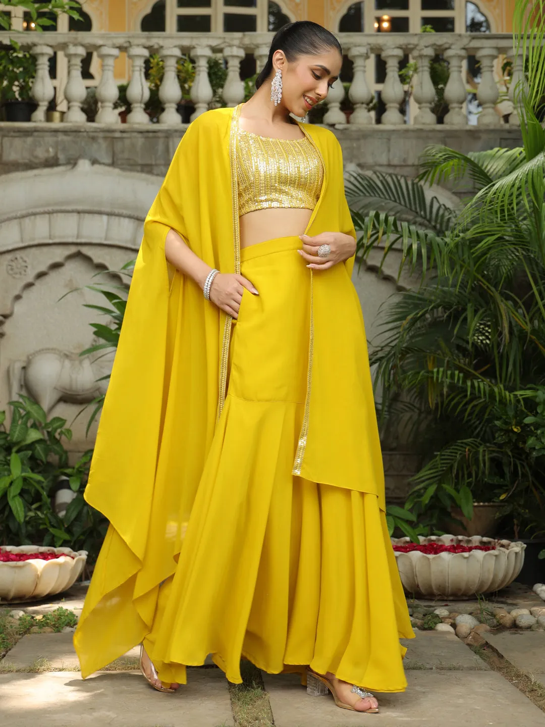 Yellow Georgette Sequined Crop Top With Sharara & Cape Set